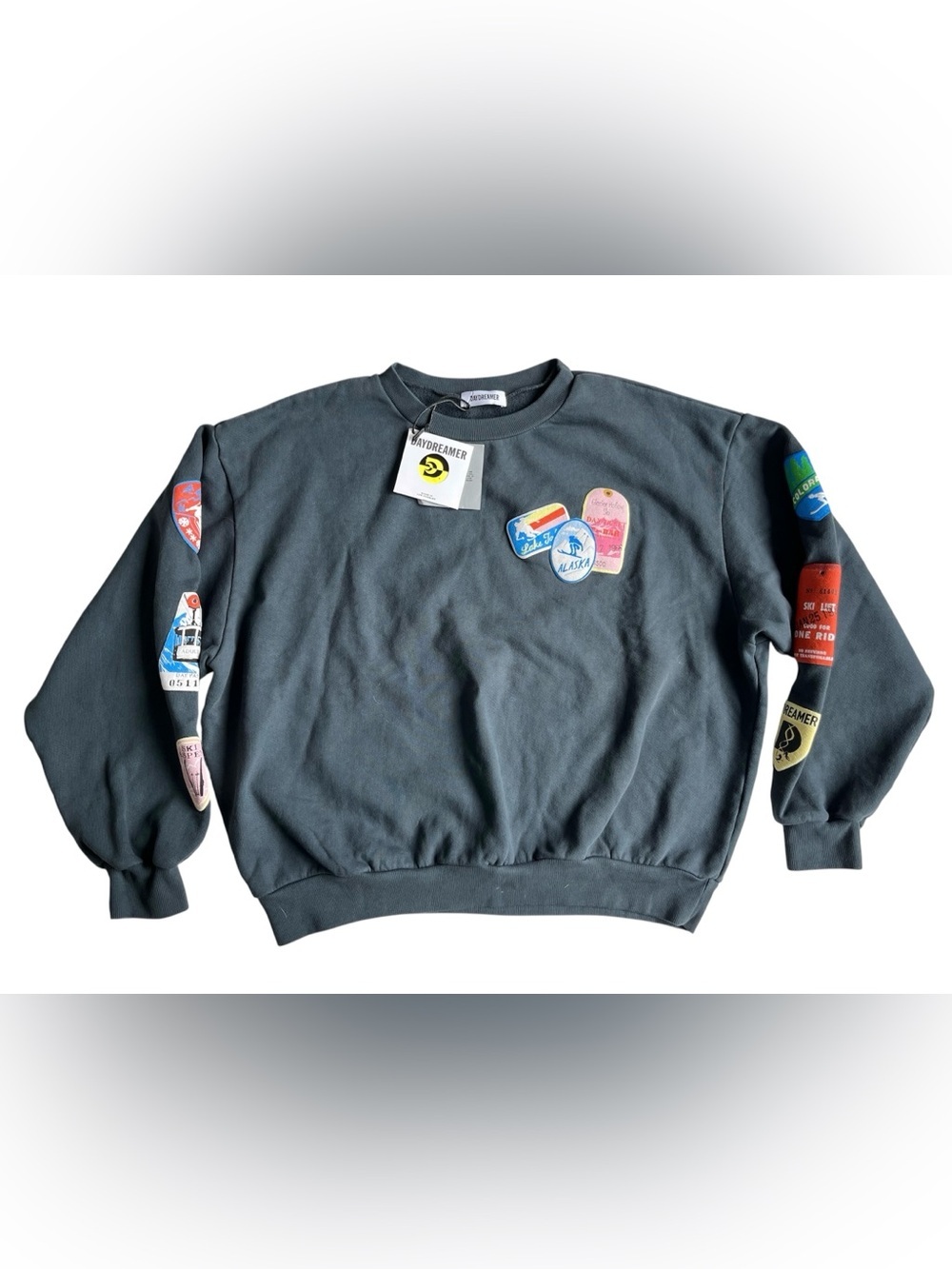 NWT Daydreamer gray Embellished with ski patches Crewneck Sweatshirt - Picture 2 of 10